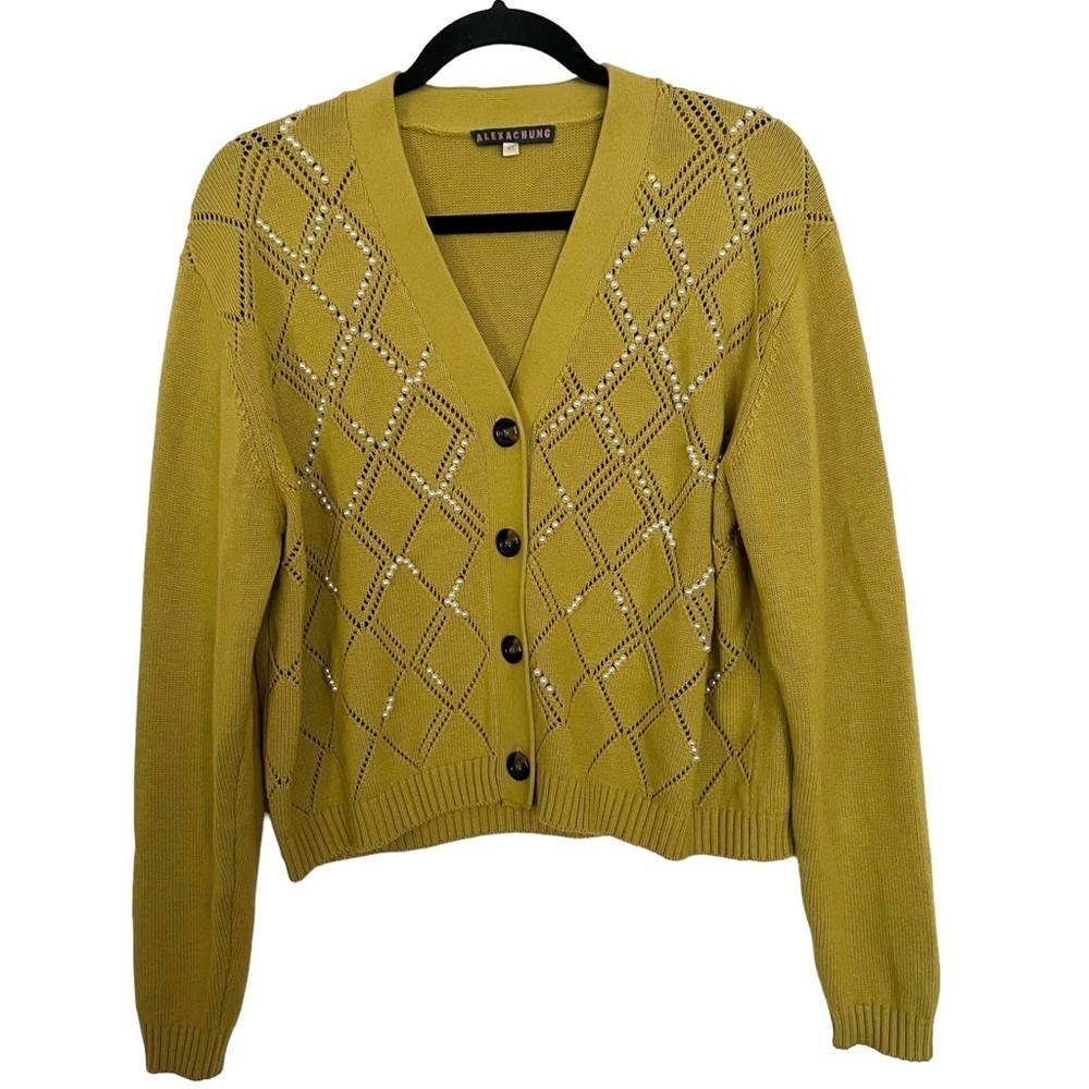 Alexa Chung Mabel Pearl Wool Blend Embroidered Cardigan In Chartreuse Fits M-L